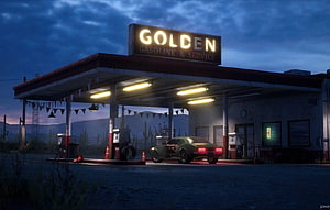 Retro Gas Station at Dusk with Classic Muscle Car and Neon Signage HD wallpaper