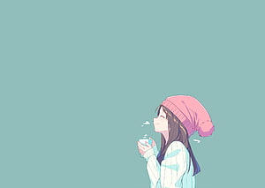 Cute Anime Girl in Pink Beanie Enjoying a Warm Drink on a Teal Background HD wallpaper