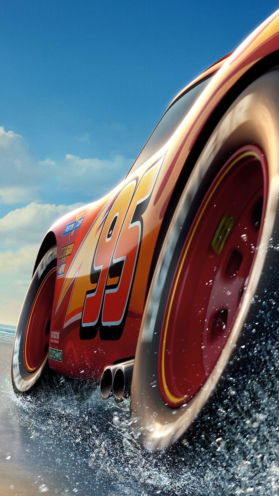 Lightning McQueen Racing Car Splashing Through Water on a Sunny Day HD phone wallpaper