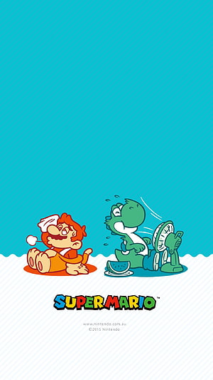 Super Mario and Yoshi Enjoying a Hot Summer Day with Fan and Watermelon HD phone wallpaper