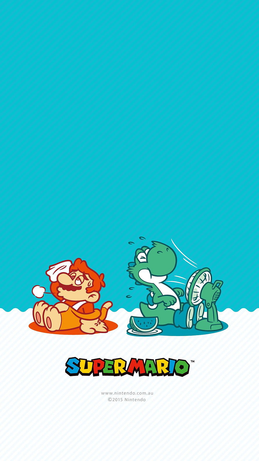 Super Mario and Yoshi Enjoying a Hot Summer Day with Fan and Watermelon HD phone wallpaper