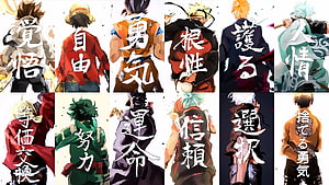 Anime Heroes Back View Collage Featuring Luffy, Naruto, Goku, Eren, Midoriya, Kaneki, and Kuroko HD wallpaper
