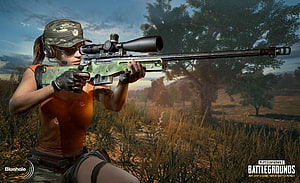 PUBG Female Sniper in Orange Tank Top Aiming in Grassland Field HD wallpaper
