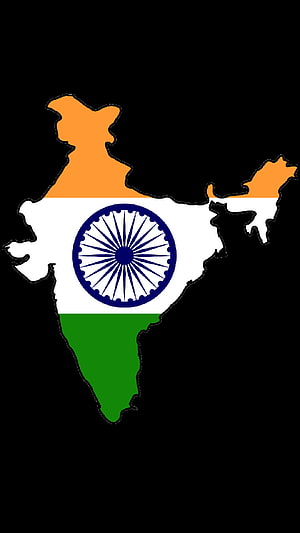 India National Flag Map Silhouette with Ashoka Chakra on Black Background HD phone wallpaper
