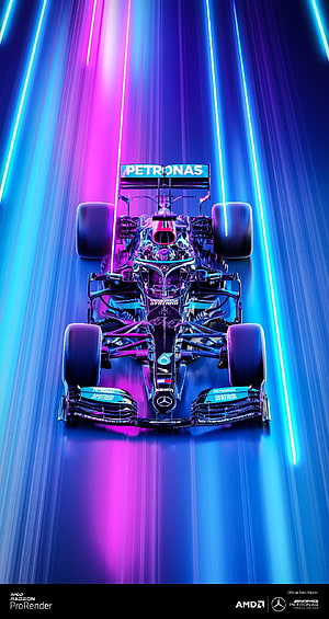 Mercedes AMG Petronas F1 Car in Neon Blue and Pink Light Trails HD phone wallpaper
