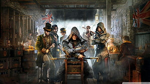 Assassin's Creed Syndicate Victorian London Tavern Scene with Hooded Assassins HD wallpaper