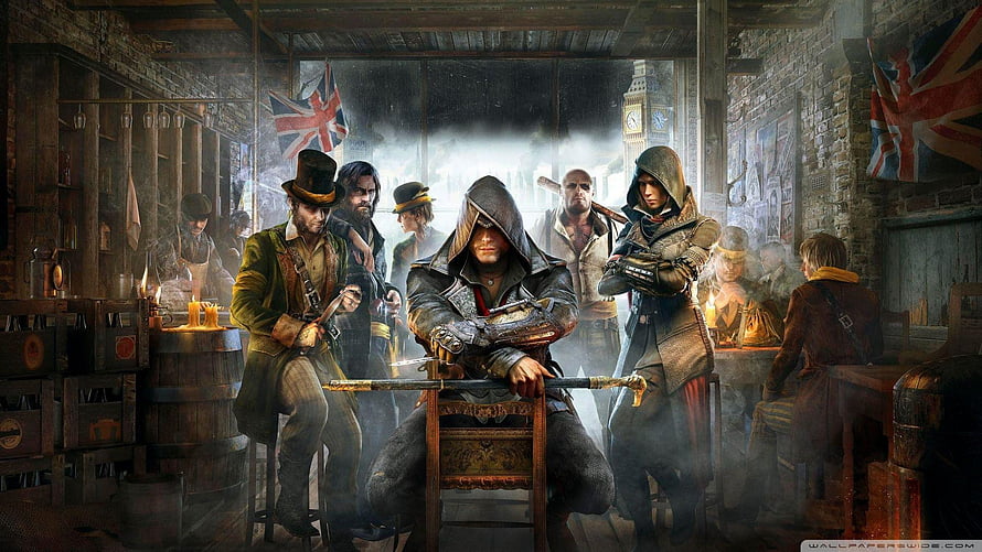Assassin's Creed Syndicate Victorian London Tavern Scene with Hooded Assassins HD wallpaper