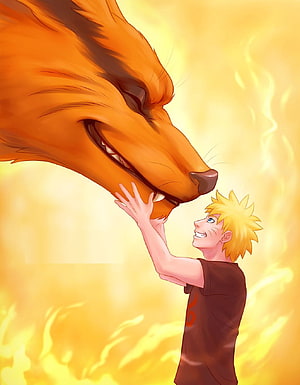 Naruto Uzumaki and Kurama Sharing a Warm Moment in Golden Light HD phone wallpaper