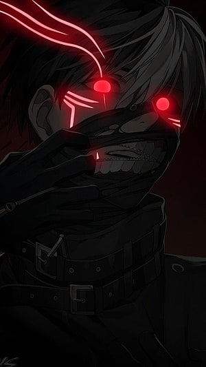 Dark Anime Character with Glowing Red Eyes and Masked Face HD phone wallpaper