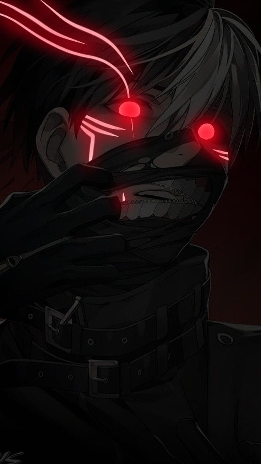 Dark Anime Character with Glowing Red Eyes and Masked Face HD phone wallpaper