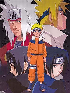 Naruto Uzumaki Standing Before Jiraiya, Minato, Itachi, and Sasuke in Anime Illustration HD phone wallpaper