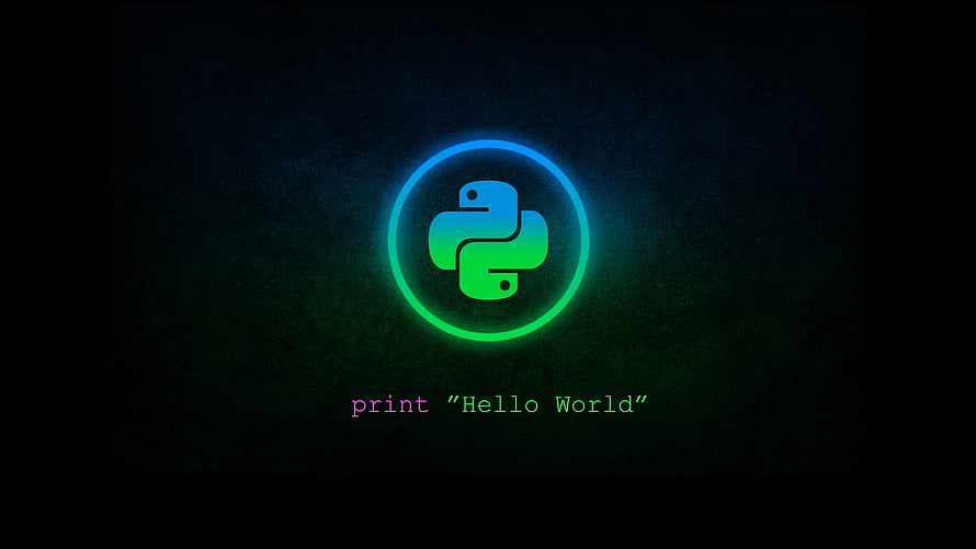 Glowing Python Programming Logo with Hello World Code on Dark Background HD wallpaper