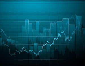 Abstract Stock Market Trading Chart with Rising Trend Lines and Bar Graphs on Dark Teal Background HD wallpaper
