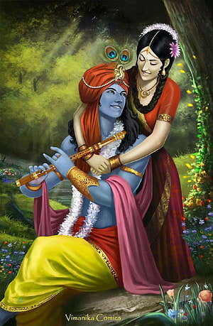 Krishna and Radha in a Lush Forest Setting Playing the Flute HD phone wallpaper