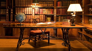 Classic Wood Library Study With Antique Desk, Globe, And Leather Books HD wallpaper