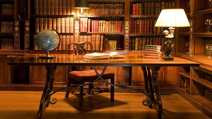 Classic Wood Library Study With Antique Desk, Globe, And Leather Books HD wallpaper