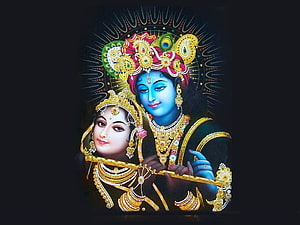 Krishna and Radha Playing Flute in Ornate Traditional Indian Art HD wallpaper
