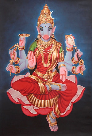 Goddess Varahi in Traditional Indian Art with Multiple Arms and Sacred Symbols HD phone wallpaper