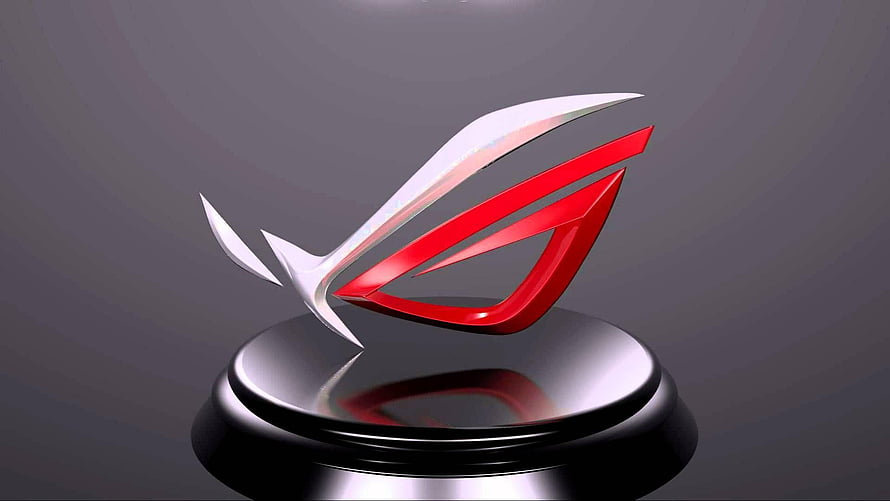 Asus ROG 3D Logo Sculpture on Reflective Black Pedestal with Red and Silver Accents HD wallpaper