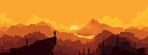 Firewatch Silhouette of a Ranger on a Cliff at Sunset with Mountain Range and River Valley HD wallpaper