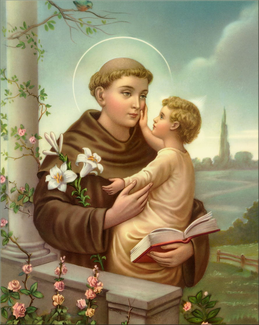 Saint Anthony of Padua Holding a Child with Lilies and an Open Book in a Serene Garden HD phone wallpaper