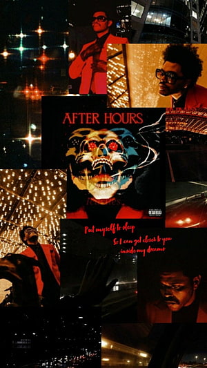 The Weeknd After Hours Album Aesthetic Collage with Neon Night City Lights and Red Suit Portraits HD phone wallpaper