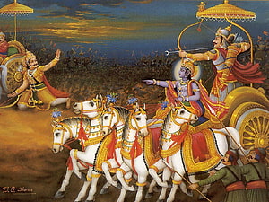 Karna and Krishna on the Chariot in the Mahabharata War HD wallpaper