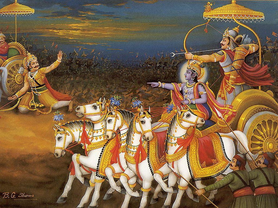 Karna and Krishna on the Chariot in the Mahabharata War HD wallpaper