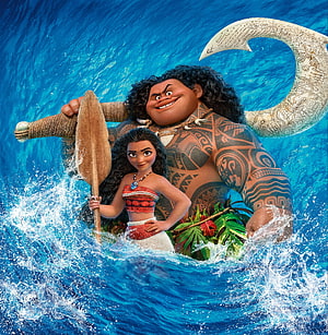 Moana and Maui in the Ocean with Paddles and Fish Hook HD phone wallpaper