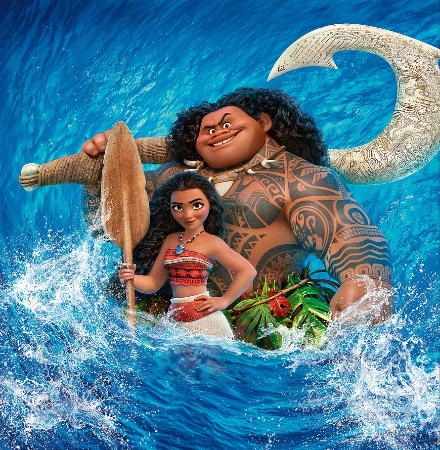 Moana and Maui in the Ocean with Paddles and Fish Hook HD phone wallpaper