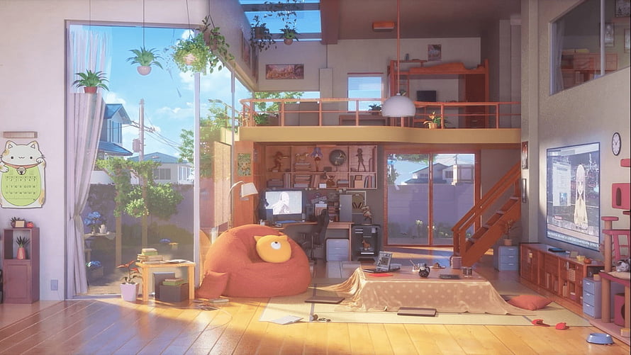 Cozy Anime Style Living Room Interior With Bean Bag And Mezzanine HD wallpaper