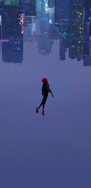 Miles Morales Leaping Through a Glitching Cyberpunk Cityscape HD phone wallpaper