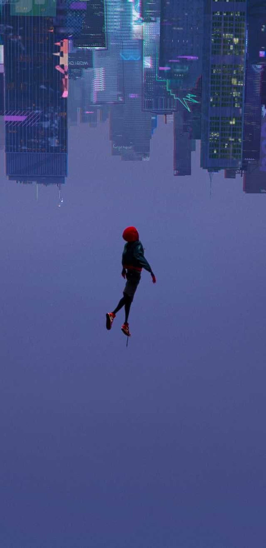 Miles Morales Leaping Through a Glitching Cyberpunk Cityscape HD phone wallpaper