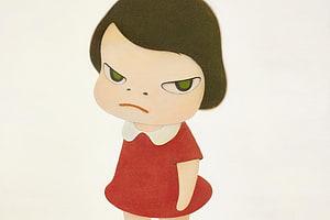 Yoshitomo Nara Grumpy Girl in Red Dress with White Collar on White Background HD wallpaper