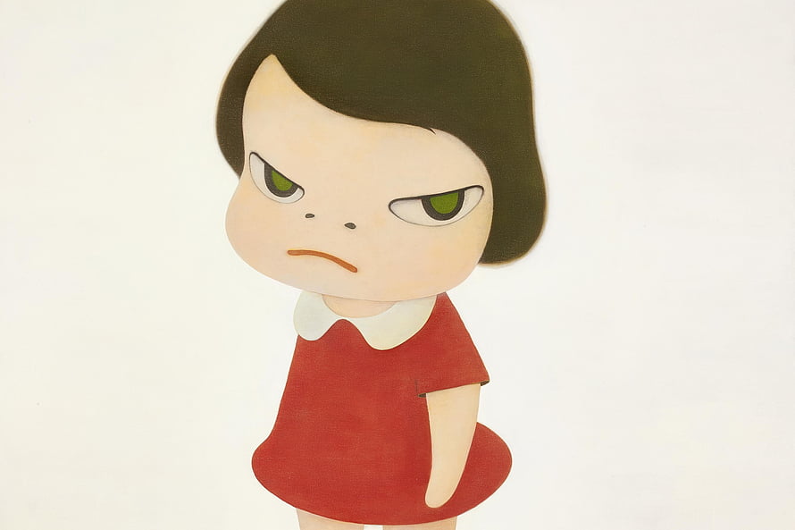 Yoshitomo Nara Grumpy Girl in Red Dress with White Collar on White Background HD wallpaper