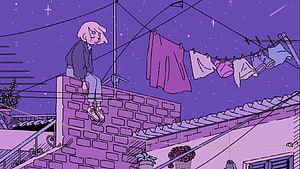 Purple Aesthetic Illustration of Girl Sitting on Rooftop with Laundry Lines Under Starry Night Sky HD wallpaper
