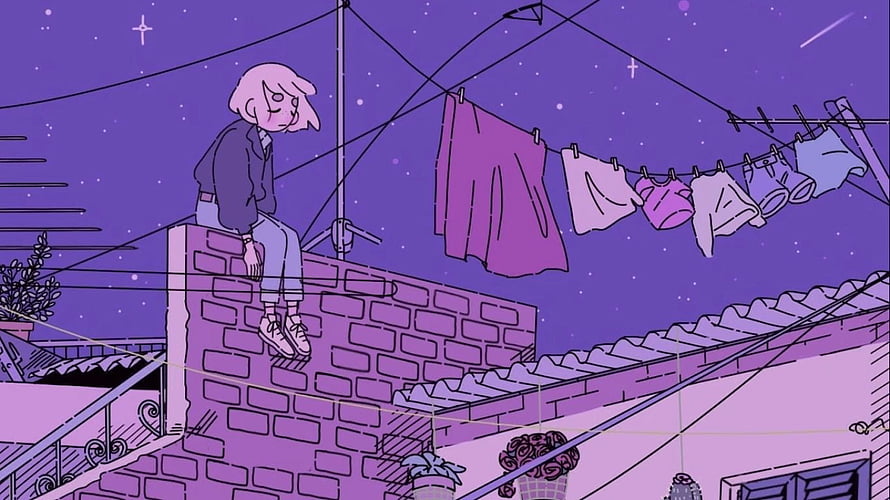 Purple Aesthetic Illustration of Girl Sitting on Rooftop with Laundry Lines Under Starry Night Sky HD wallpaper