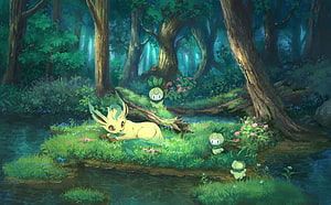 Leafeon and Chikorita in a Lush Enchanted Forest Stream HD wallpaper