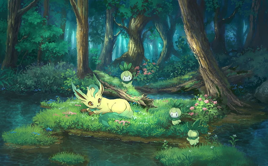 Leafeon and Chikorita in a Lush Enchanted Forest Stream HD wallpaper