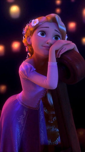 Rapunzel from Tangled Leaning on Balcony Railing with Flower Crown in Warm Evening Light HD phone wallpaper