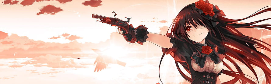 Anime girl with long black hair and red roses holding a revolver against a sunset sky HD wallpaper