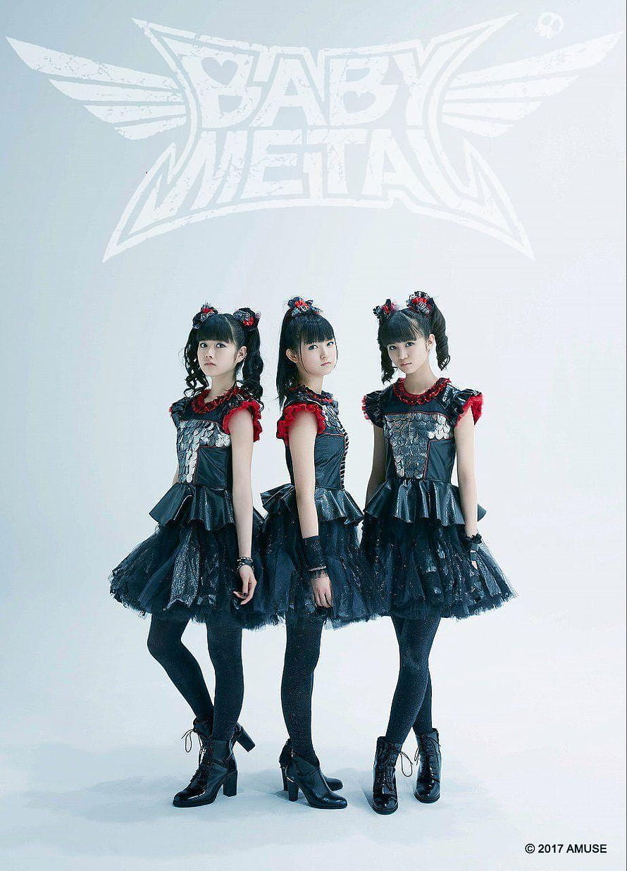 Babymetal Members in Black and Red Stage Costumes with Winged Logo HD phone wallpaper