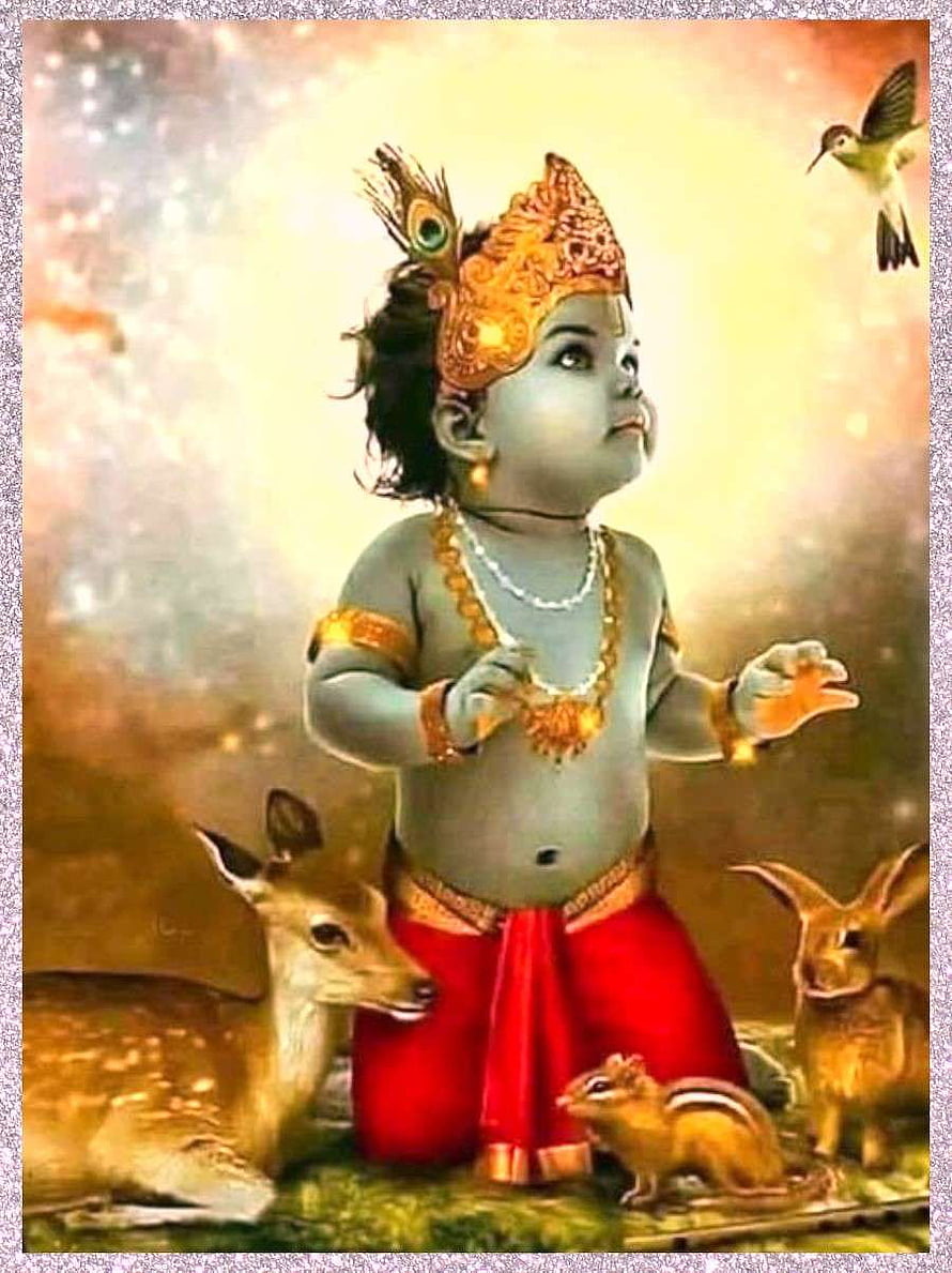 Baby Krishna with Peacock Crown Surrounded by Deer, Rabbit, and Squirrel in Golden Light HD phone wallpaper