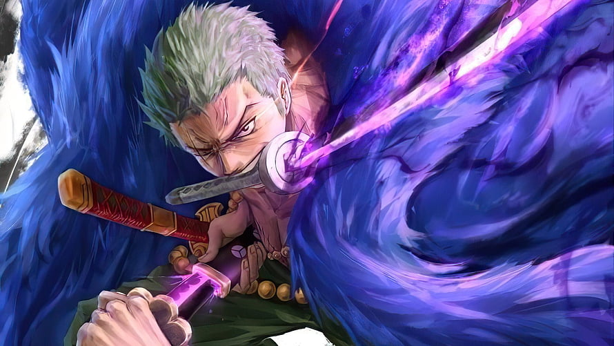 Roronoa Zoro Wielding Three Swords in Dynamic Anime Action Pose HD wallpaper