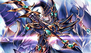 Dark Magician and Dark Magician Girl in ornate armor wielding a staff with glowing emerald gems HD wallpaper