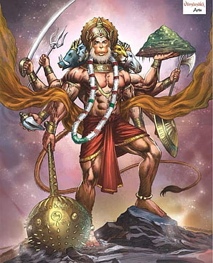 Mighty Hanuman with multiple arms holding weapons and a mountain in a cosmic setting, 135 Best Hanumanji, dangerous hanuman HD phone wallpaper