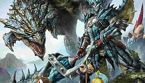 Monster Hunter World Hunter in Teal Armor Facing a Massive Dragon HD wallpaper