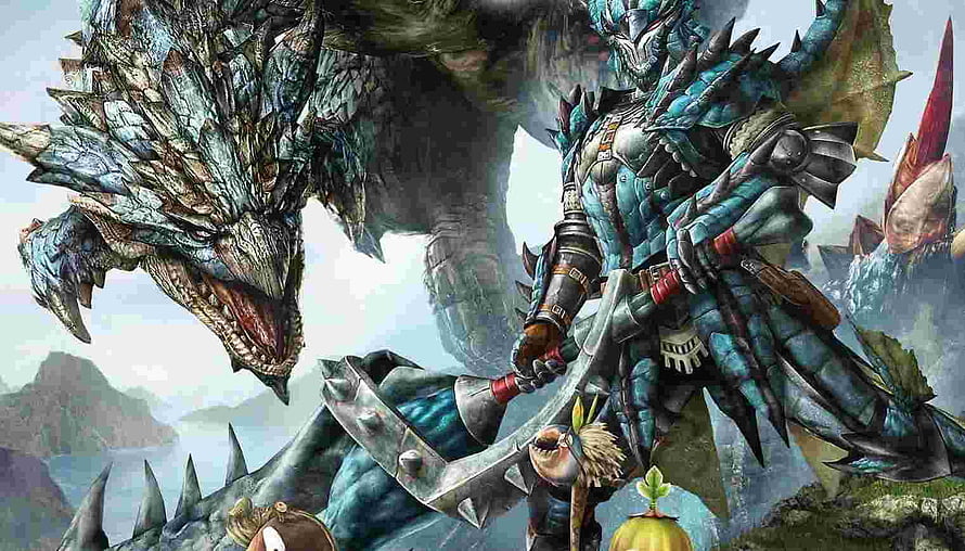 Monster Hunter World Hunter in Teal Armor Facing a Massive Dragon HD wallpaper