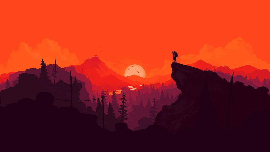 Firewatch Digital Art: Lone Hiker Silhouette on Rocky Cliff at Sunset HD wallpaper
