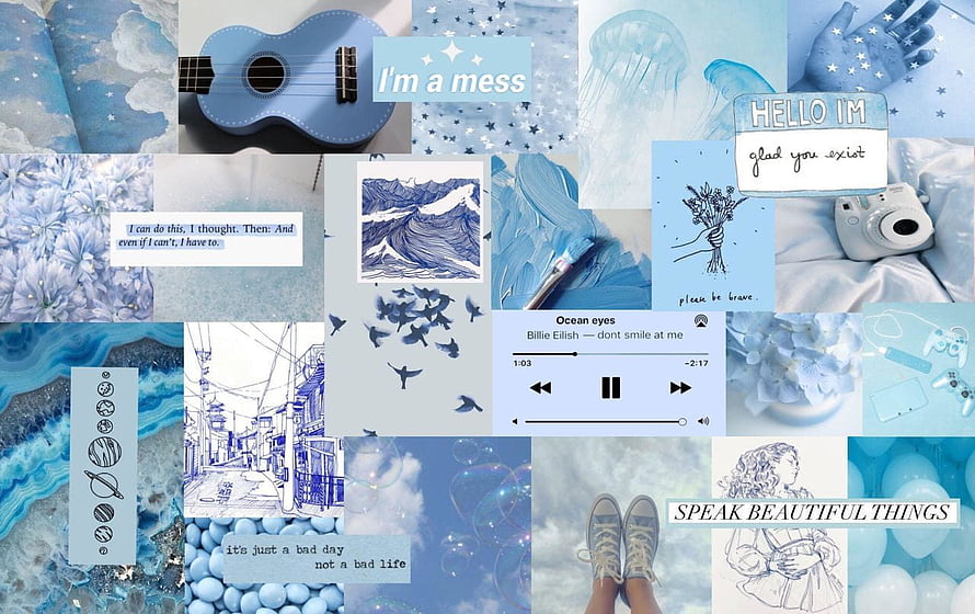 Blue Aesthetic Collage Featuring Ukelele, Jellyfish, and Inspirational Quotes HD wallpaper